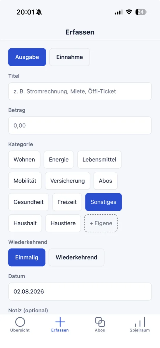Die Eingabemaske der App: Titel, Betrag, Kategorie und die Wahl zwischen einmalig und wiederkehrend.